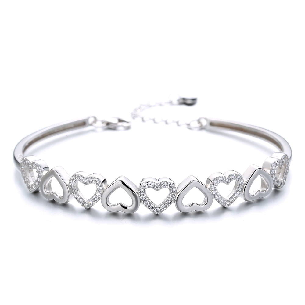 Amy and Annette 14K White Gold Hearts Bangle Adjustable Bracelet with crystals from Swarovski in 14K White Gold Plated