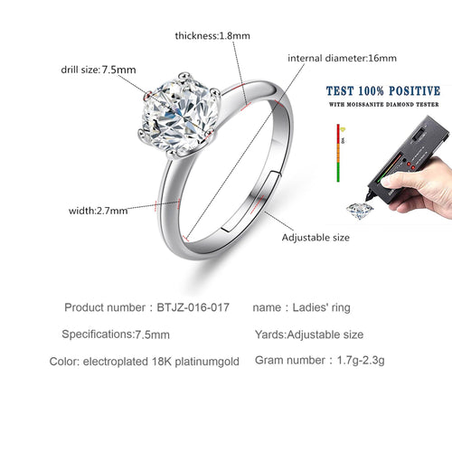 1.5 CT Moissanite Diamond for Women Modern Stylish Engagement Ring D Color VVS1 Jewelry 18k White Gold Over Silver Rings with Adjustable Open