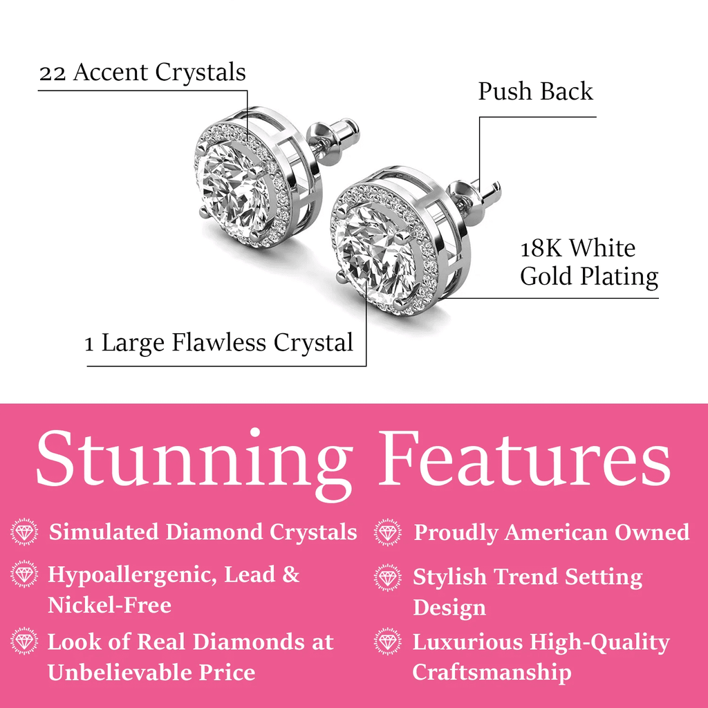 Cate & Chloe Ariel 18k White Gold Plated Halo Stud Earrings with Simulated Diamonds Gift for Women