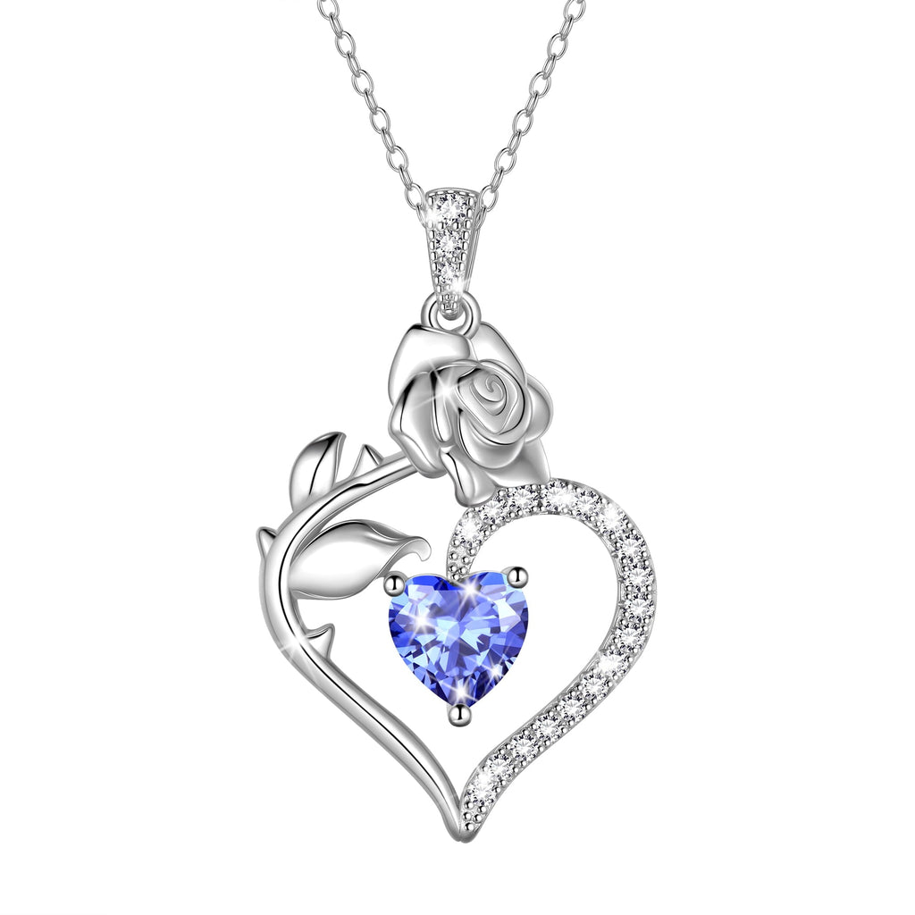 Beautlace 925 Sterling Silver Birthstone Necklace Rose Flower Heart Pendant Jewelry Christmas Valentines Mother's Day Gifts for Women Mom Wife/Lover