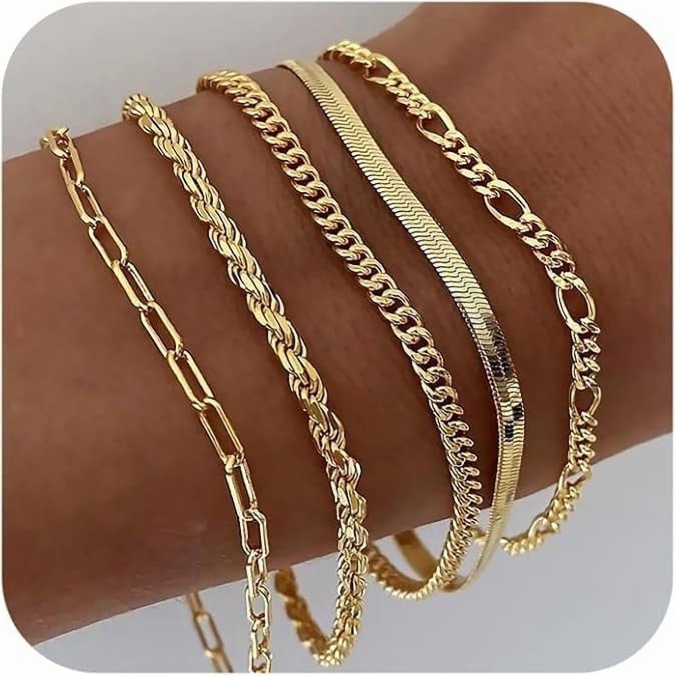 Gold Bracelets for Women, 14K Gold Plated Jewelry Sets for Women Trendy Thin Dainty Stackable Cuban Link Paperclip Chain Bracelet Pack Fashion Accessories Gifts