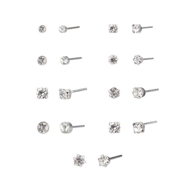Time and Tru Adult Women's 9 Pair Silver Tone Crystal Stud Metal Earrings Set