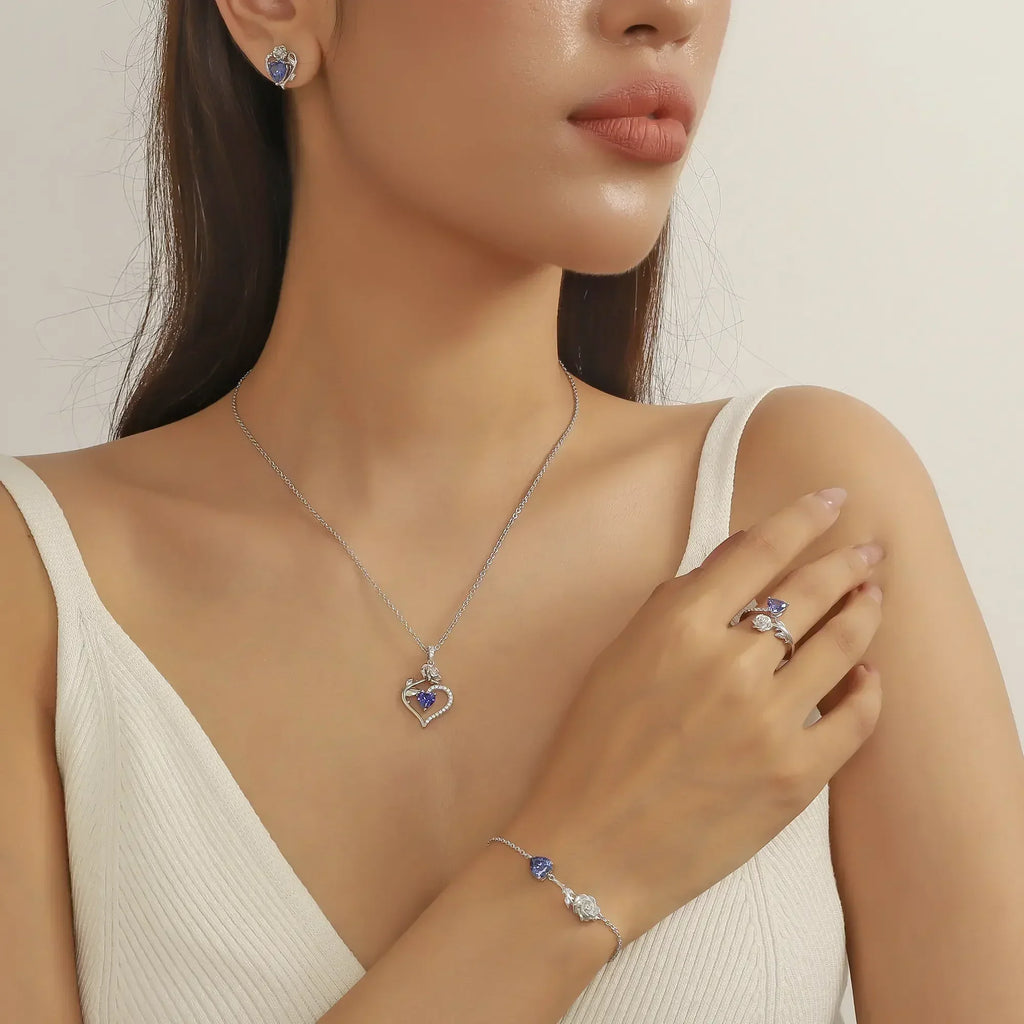 Beautlace Rose Heart Jewelry Set,December Birthstone Rose Flower Heart Necklace/Earrings/Ring/Bracelet Set 925 Sterling Silver Jewelry Birthday Christmas Valentines Mother's Day Gifts for Women Mom