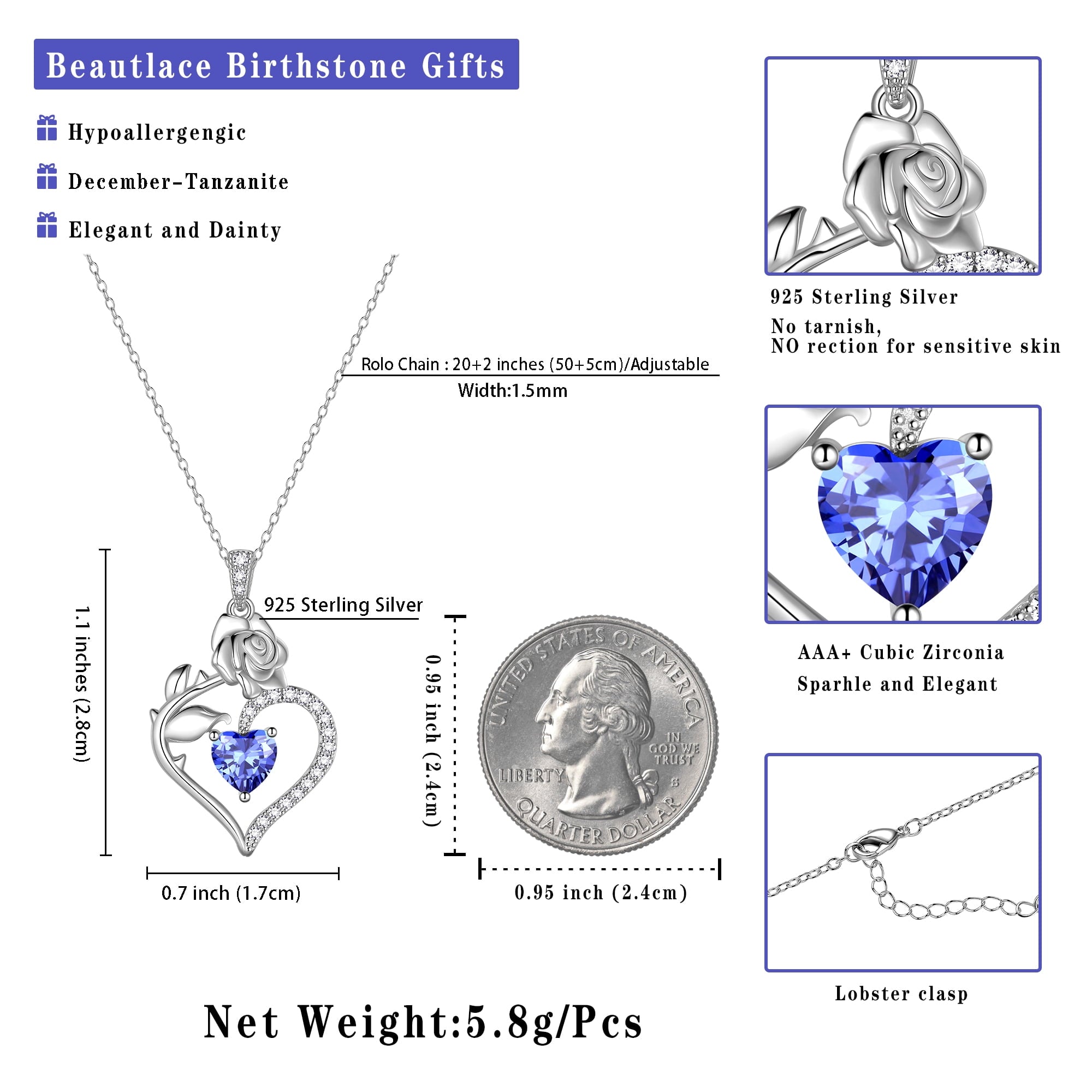 Beautlace 925 Sterling Silver Birthstone Necklace Rose Flower Heart Pendant Jewelry Christmas Valentines Mother's Day Gifts for Women Mom Wife/Lover