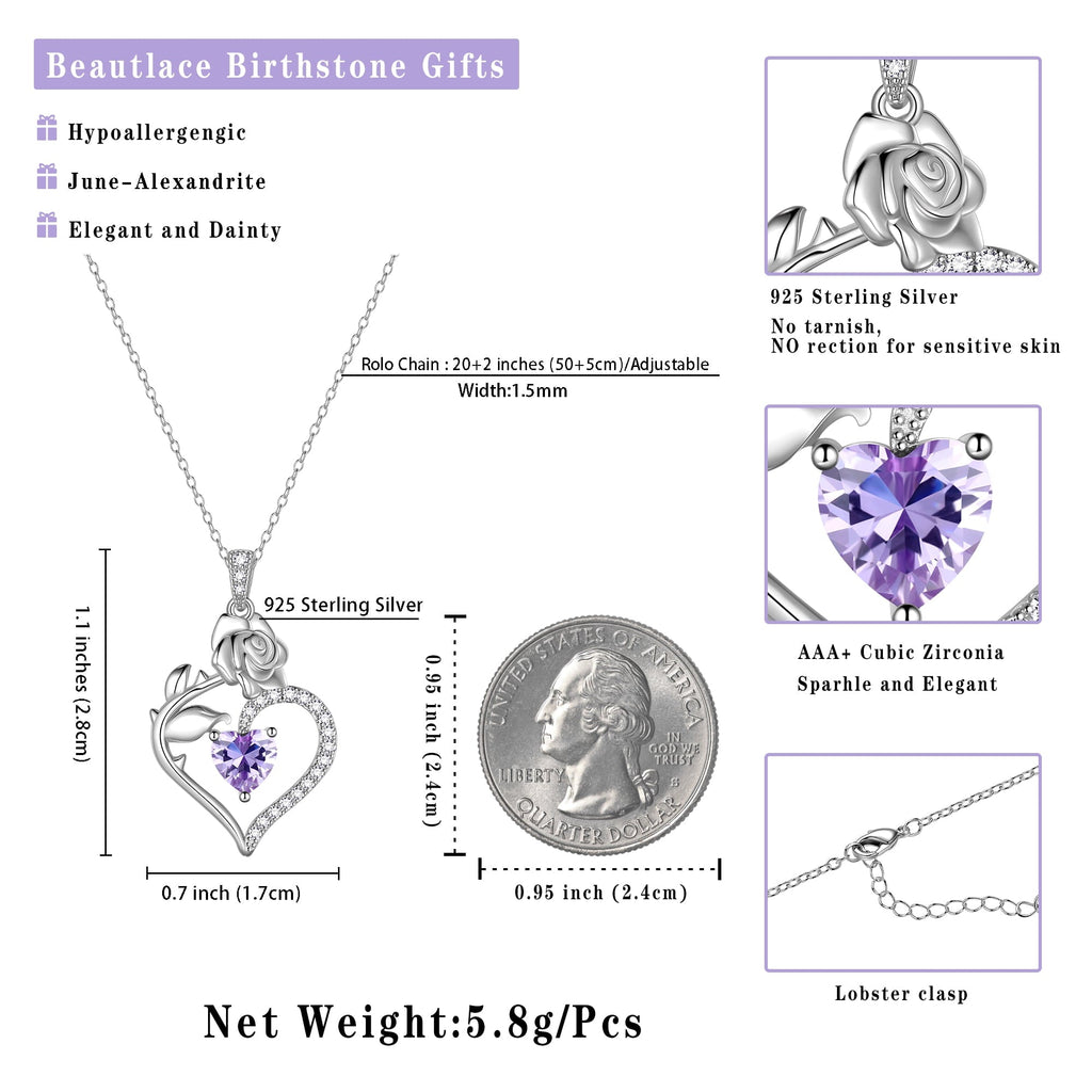 Beautlace 925 Sterling Silver Birthstone Necklace Rose Flower Heart Pendant Jewelry Christmas Valentines Mother's Day Gifts for Women Mom Wife/Lover