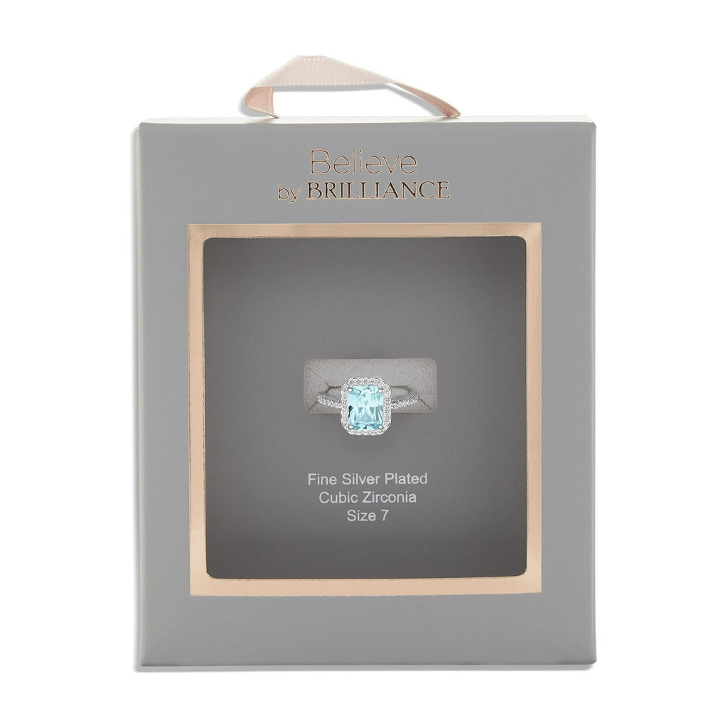 Believe by Brilliance Women's Fine Silver Plated Aquamarine Cubic Zirconia Ring (Size 7)