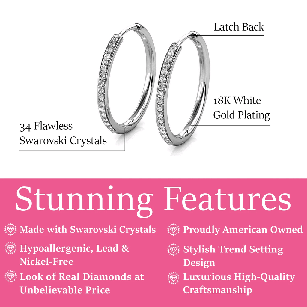 Cate & Chloe Bianca 18k White Gold Plated 25mm Hoop Earrings with Swarovski Crystals for Women